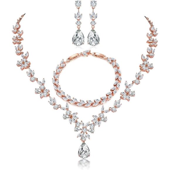 🆕Women Gold Jewelry Set Necklace Dangle Earrings Bracelet Set Cubic Jewelry